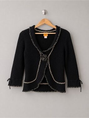Ruby Rd Black Textured Knit Cardigan Sweater M Metallic Trim Rosette Closure